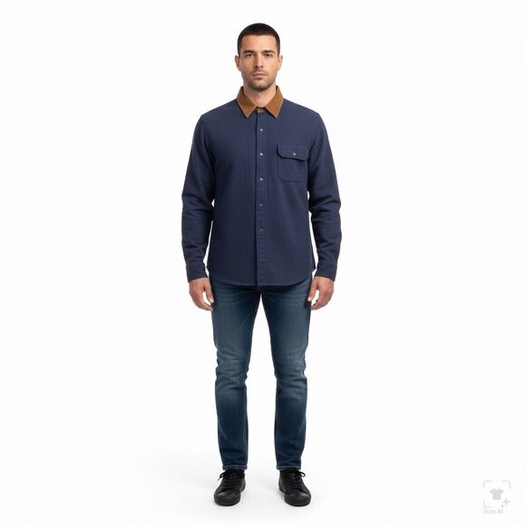 Lands End Navy Cotton Button-Up Shirt W/ Brown Corduroy Collar Workwear - Picture 9 of 9